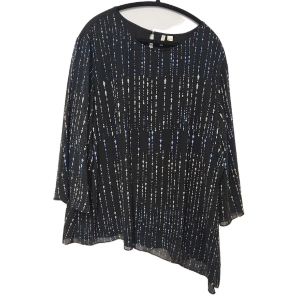 3/$25 Cato Blouse Black Blue plus Size 26/28w  Pearl Drop assymetrical hem
